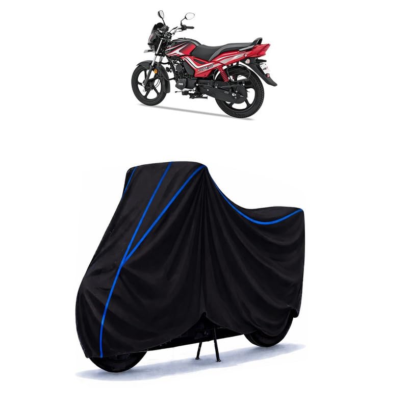 Image of TVS Star City Plus Mono Tone Bike Cover Water Resistant Universal Motorcycle Rain | Heavy Duty UV Protection, Dust, Scratch Indoor Outdoor All Weather with Black Blue Piping Elastic
