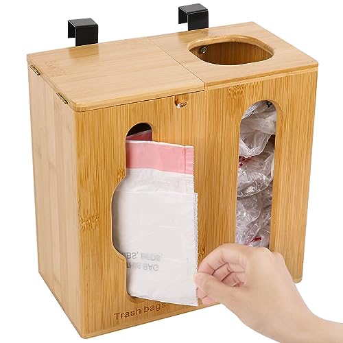 Trash Bag Dispenser & Grocery Bag Holder -2 in 1-Bamboo Plastic Bag Holder with Large Storage Capacity and Wall-Mounted Design, Grocery Garbage Bag Organizers for Kitchen and Laundry Room Organiza...