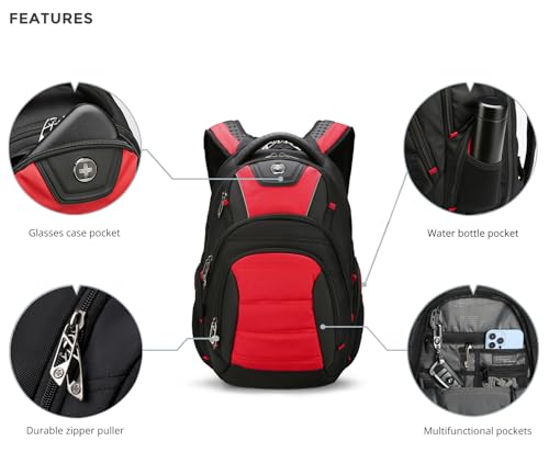 Image of Swissdigital Design Men's Laptop Backpack for College and Business Travel with Integrated USB Charging Port and RFID Protection Fits 15.6 inch Laptops Black /Red | J14-41