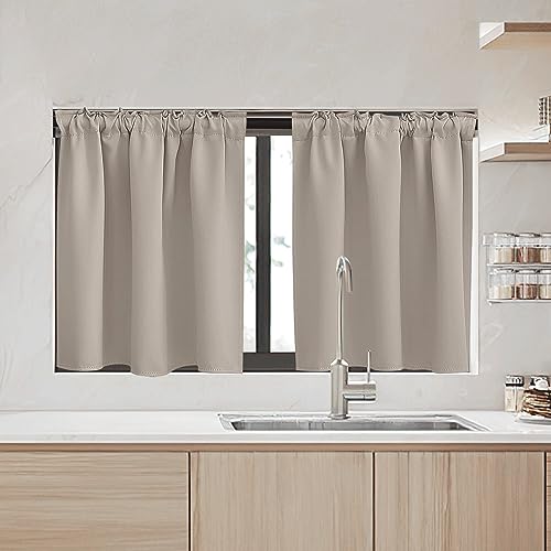 Image of RYB HOME Small Window Curtains - Blackout Insualting Privacy Curtains for Kids Bedroom Kitchen Bathroom Basement Cafe Cabinet Tiers Drapes, 34 Width x 30 Length, 2 Panels, Sand