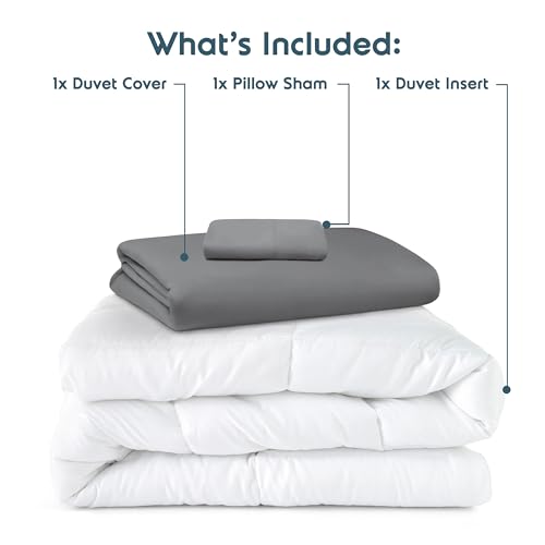 Nestl Twin Duvet Cover Set with Comforter Insert - Grey 3 Piece 68x90 Duvet Cover & 1 Pillow Sham with White Quilted Down Alternative Comforter, Ultra Soft, All Season