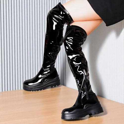 Women's Over The Knee Boots Lug Sole Round Toe Thigh High Chunky Block Heels Flat Boots2