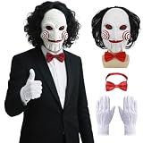 Enccfoeo Saw Billy Puppet Costume Mask Adult Horror Movie Cosplay Full Head Latex Mask with Hair Halloween Costumes Scary Clown Puppet Masquerade with Red Bow Tie and Gloves EN046