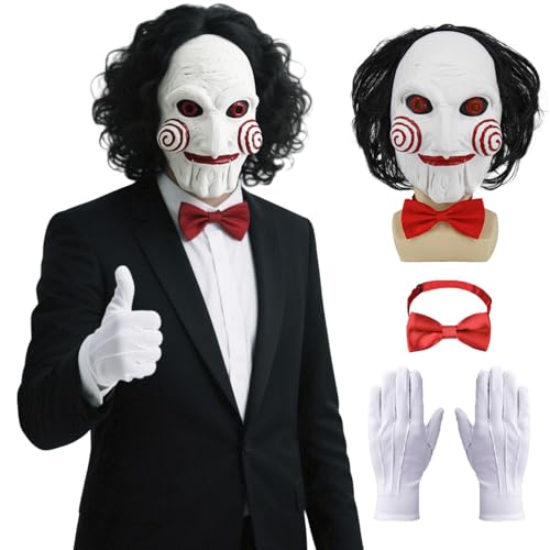 Enccfoeo Saw Billy Puppet Costume Mask Adult Horror Movie Cosplay Full Head Latex Mask with Hair Halloween Costumes Scary Clown Puppet Masquerade with Red Bow Tie and Gloves EN046