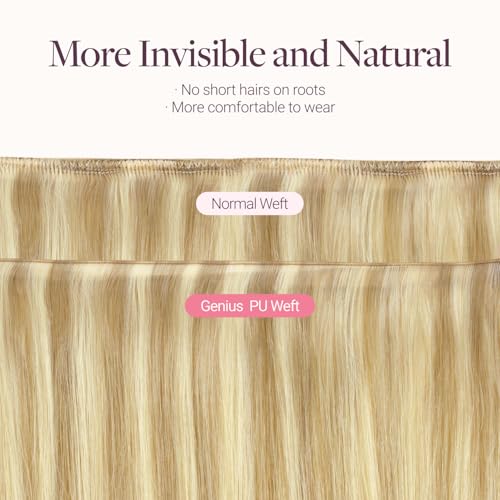 Image of GOO GOO Tape In Weft Hair Extensions Human Hair, Genius PU Long Weft Tape In Hair Extensions Real Human Hair, Silky Easy to Use, P16 /22A Light Blonde Highlighted Golden Blonde 18 inch 100g