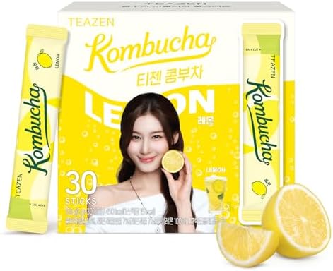 TEAZEN Lemon Kombucha Powder, Hydration Drink Mix, Sugar Free, Live Probiotics & Prebiotics, On-the-Go 30 Packets, 5.29oz