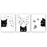 KAIRNE 3er Set Kinderzimmer Babyzimmer Poster | Bild Katze Schwarz | Katzen Tiere Bilder Set | Farbiger Schmetterling Katzenposter | Wandbilder Schlafzimmer für Wohnzimmer Home Decor ohne Rahmen