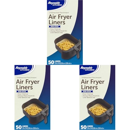 Reynolds Kitchens Air Fryer Liners Disposable, Unbleached Parchment Paper Sheets, 50 Count (Pack of 3)