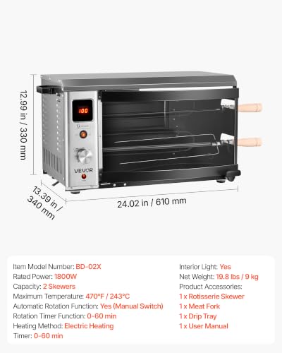 Image of VEVOR Countertop Vertical Oven Brazilian Flame 2 Auto Rotating Skewers | for Steak, Fish, Lamb Leg, 1800W Rotisserie Shawarma Machine, Electric Meat Kebab Grill, with Curved Glass Door, Drip Tray