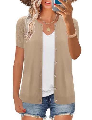 FreshNight Women's 2025 Short Sleeve Cardigan Button Up Hollowed Out Crewneck Shrug Sweaters Knit Sweater Tops Lightweight