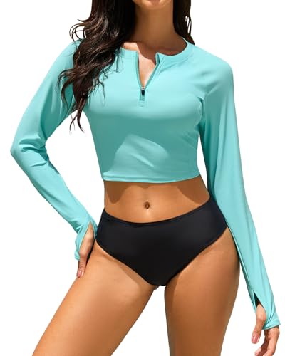 WOWENY Damen UV-Schutz Rash Guard Langarmshirt Crop Top mit Reißverschluss Badebekleidung für Schwimmen & Wassersport,Blau,L