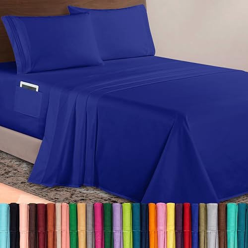 Image of Elegant Comfort Luxurious 1500 Premium Hotel Quality Microfiber 4-Piece Sheet Set, 18-24 Inches Deep - Extra Deep Pocket Sheets - Ultra Soft 4PC Deep Pocket Sheets, California King, Royal Blue