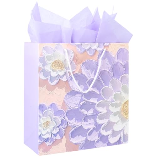 SOFPLATE Sacchetti Regalo Floreali Viola Da 12 x 13 pollice Sacchetti per Bomboniere con Manico In Corda Grandi Rettangoli In Tessuto Carta Da Regalo Stampata Lilla per Donne Regali Fai Da Te per Bomb