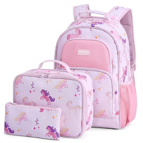 mommore Girls Backpack Kids Backpack for School Preschool Kindergarten BookBag with Lunch Box Water Resistance Daypack for Travel Park Camping (3 PCS, Unicorn Leaf)