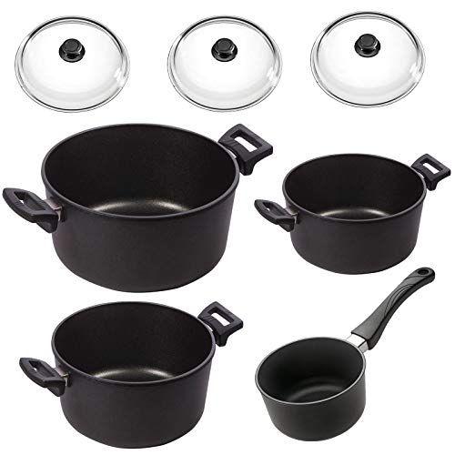 Eurolux Universal-Topfset Induktion Aluguss beschichtet 7-tlg. - Guss-Koch-Töpfe Set mit Deckel 20/24/28 cm & Soßentopf Ø 16 cm - Made in Germany