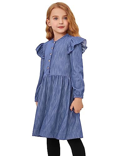 Perfashion Girls Denim Dress Flutter Long Sleeve Classic Jean Blue Button Down Dresses for 6-15 Years