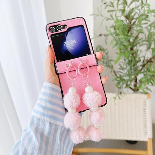 Coque Samsung Galaxy Z Flip 5 rose en cuir PU avec dragonne de protection antichoc