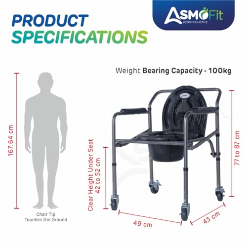 Image of Foldable Commode Chair Height Adjustable Use In Room Or Over Toilet, Potty Chair With Armrests, Bedside Commode-For Adult, Pregnant Women, Elderly - Weight Capacity 100Kg (With Wheels),Grey