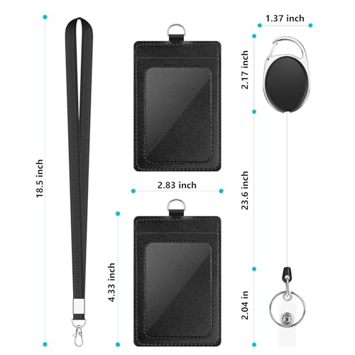 DUPENCD 2 Pack Badge Holders, Vertical PU Leather ID Badge Card Holder with 1 Clear ID Window, with Detachable Neck Lanyard Strap and Retractable Badge Reel ID Card Holders Set