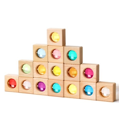 JolliLudo 16 Pcs Acrylic Wooden Gem Blocks Sparkling Translucent Cubes Stacking Toys Wooden Cubes Blocks with Colorful Acrylic Open Ended Play Montessori Educational Toys (Round) - Image 2