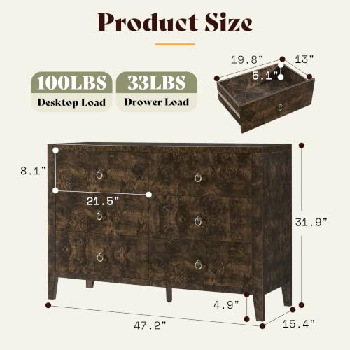Image of AMERLIFE 47 inch Wide 6 Drawer Dresser with High Gloss Burl Wood, Brown | Mid-Century Modern Dresser & Chest of Drawers, Anti-Tip Storage Organizer for Bedroom, Living Room, Office, and Entryway