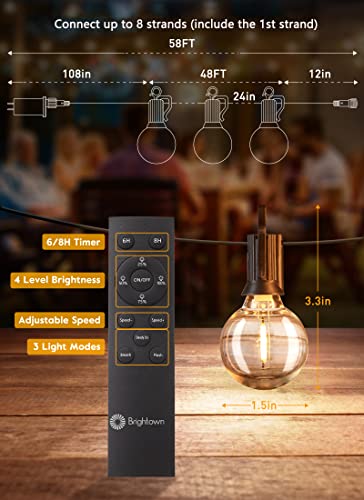 Brightown Outdoor String Lights With Remote, 58Ft(48+10) Led String Lights With Clips Hooks, G40 Patio Lights With 27 Bulbs(2 Spare), Waterproof Shatterproof Hanging Light For Patio Backyard #TOP2