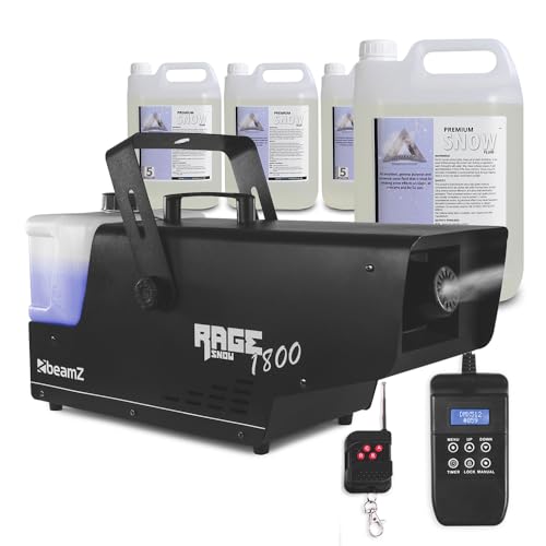 beamz Rage1800 Fake Snow Machine for Party Events with Timer Remote and 20L Fluid Professional-Grade Snow Effect Maker for DJs Stage Performances and Holiday Celebrations