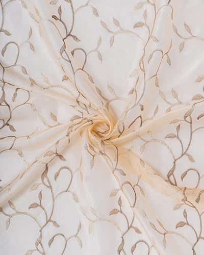 Image of (5 Ft Tissue Fabric Embroidered Curtain |Small Leaf Design Grommet Curtains Window Single Curtain | Vintage Classical Floral Print | For Home | Brown (Pack Of 1) | 152 L X 121 W Centimeters