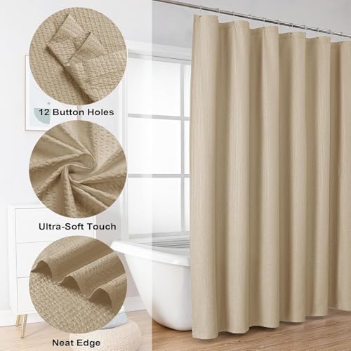 Image of HOMETHREADS Embrace Luxury with Our 6-Feet Long Premium Polyester Shower Curtain with 12 Hooks for a Lavish Bathroom Ambiance | Stylish, Splendid, and Perfectly Sized (Waffle Beige, 180x180cm)