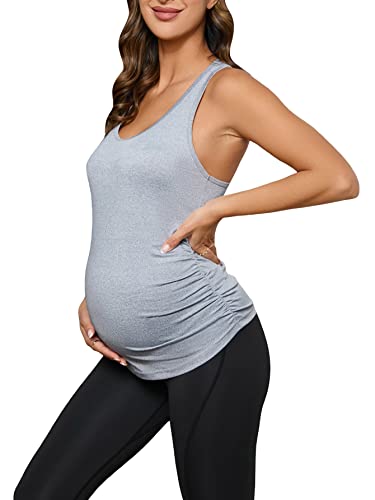 Cozyease Women's Maternity Ruched Side Tank Top Solid Ribbed Knit Fitted Pregnancy Tops Light Grey L #TOP28
