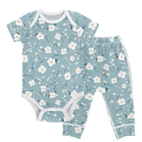 vvfelixl Unisex Short Sleeve Baby Pants Sets,Blue Fresh Small Florals Baby Bodysuits Set,Babys Layette Sets Clothes for 18-24M