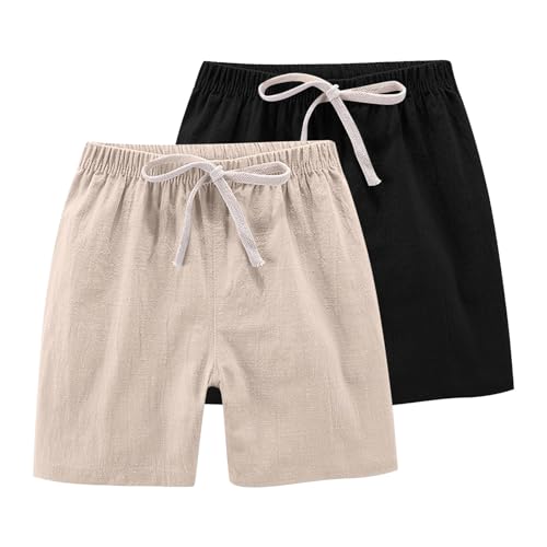 Image of Boys Linen Shorts 2 Pack Elastic Drawstring Waist Cotton Linen UK Shorts Girls Summer Athletic Cycling Running Loose Pants Kids Beach Casual Breathable Bottom (b-Khaki, 11-13 Years)