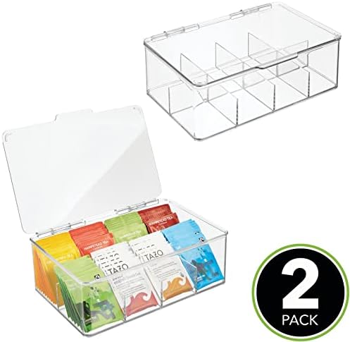 mDesign Set of 2 Easy Select Tea Chest Box - Tea Storage Box with 8 Compartments Holds up to 100 Tea Bags Each -Tea Organiser - Tea Bag Storage Box - Clear