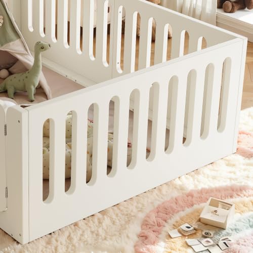 Image of Bellemave Full Montessori Floor Bed Frame,Beige | Solid wood kids montessori floor bed with high safety fence & door, low to ground design for girls and boys