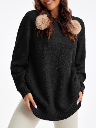 Saodimallsu Womens Oversized Sweater 2025 Fall Trendy Fuzzy Crew Neck Long Sleeve Casual Tunic Sweaters4
