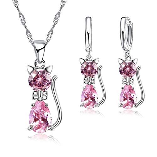 Collier et boucles d'oreilles chat argent 925 parure bijoux - 6