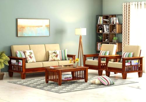 Image of Solid Sheesham Wood 5 Seater Sofa Set for Living Room Without Centre Table | Wooden 3+1+1 Five Seater Sofa Set with Cushions | Modern Sofa Set Furniture for Home, Office & Lounge | Honey Finish