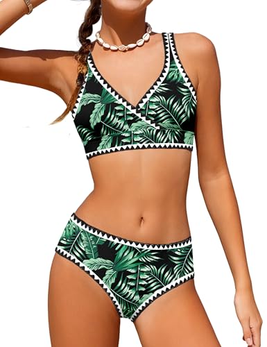 Image of KANGKANG Girls Swimsuit Bikini Set Solid Color V-Neck Two Piece Bathing Suit with Chest Pad Adjustable Straps Swimwear 7-16T
