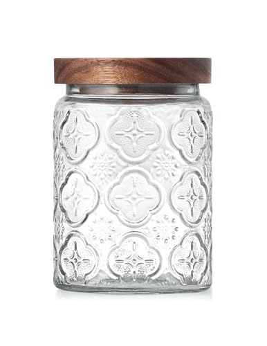 Vintage Glass Jar with Wood Lid - Airtight Canisters for Kitchen Countertop and Bathroom, for Storage Candy, Cookie, Coffee, Apothecary, Sugar, Flour, Tea, Pet Treat, 24 OZ Begonia