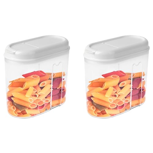 Tradineur - Pack de 2 recipientes de plástico reutilizables con tapa, botes, almacenaje, pasta, legumbres, cereales, frutos secos, café, fabricado en España (Tapa blanca, 1 litro, 14 x 15,5 x 7,8 cm)