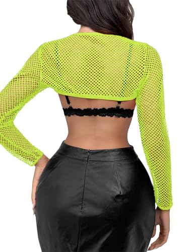 Image of Lilosy Sexy Fishnet Mesh Sheer Crop Top Long Sleeve Shrug Shirt Rave Outfits Cover Up One Piece(No Bra)