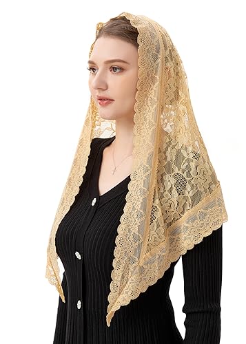 PAMOR Veils for Church Catholic Triangluar Scarf Embroidered Chapel Veil Head Covering Latin Mass Mantilla (Gold)
