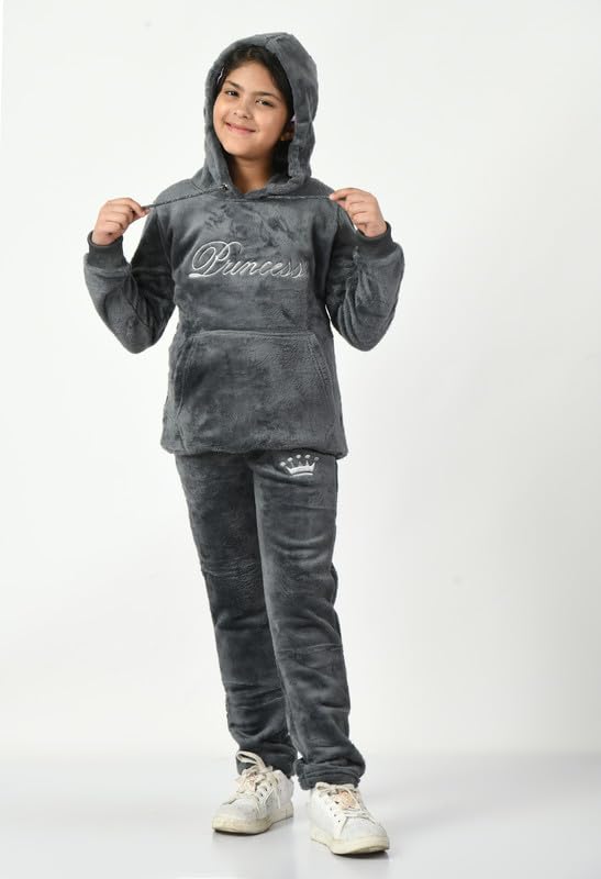 Image of Girls Fur Night Suit | Regular Fit Design | Hooded Neck | Full Sleeve Set for Girl's Yoga, Joggers, Gym, Active Wear For Girl's