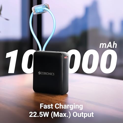 Image of ZEBRONICS EnergiTank 10R1, Compact Power Bank, 10000 mAh, 22.5W Rapid Charging, Built-in Type C & Lightning Cable + Type C Port, LED Percentage Indicator, For iPhone, Android, Tablets, Airpods (Black)
