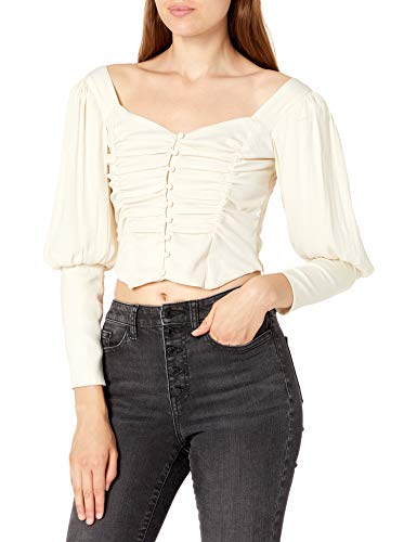 ASTR the label Women's Renaissance Long Balloon Sleeve Sweetheart Ruched Button Up Blouse, Cream, X-Small