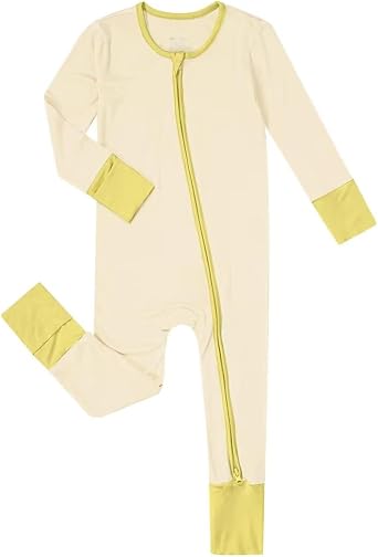 Teach Leanbh Unisex Baby Bamboo Viscose Pajamas with Mittens and Feet Cuffs Soild Printing 2 Way Zipper Long Sleeve Romper