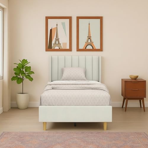 Image of Wooden Upholstered Bed Single Size Without Storage | Wrought Iron Single Size Cot with Headboard | Upholstered Bed for Bedroom | Palang Furniture for, Living Room, White, (White)