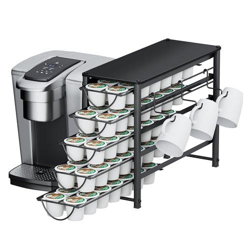 Image of HFHOME Coffee Pod Holder For Counter, Pod Holder for K-cups, 5-tier Metal Coffee Capsule Storage Drawer, 70 Capacity Pods Organizer for Cafe Counter, Home, Office or Kitchen,3 cup rack, Black