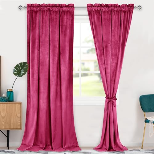 Hiasan Velvet Blackout Curtains 96 inch Long 2 Panels 52W x 96L Berry