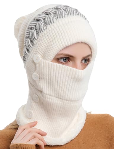 FEOYA Schlupfmütze Damen Sturmhaube Winddicht Schalmütze Fleece Gefüttert Wintermütze Warm Strickmütze Winter Strick Balaclava Mütze Kapuzen-Schal Gesichtshaube für Winter